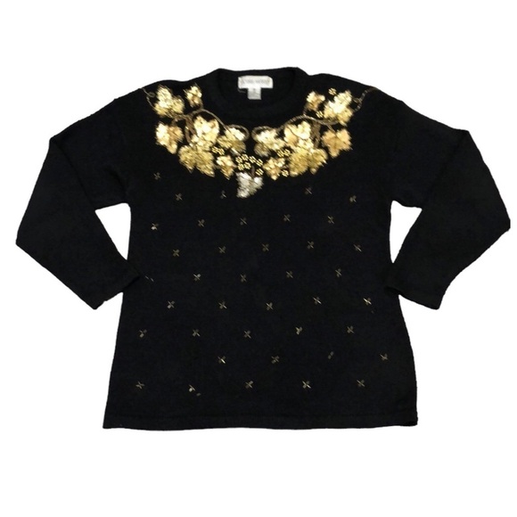 Vintage 80s Sweater Size Medium Black Gold Sequin Beaded Grape Vine Leaves - Picture 1 of 7